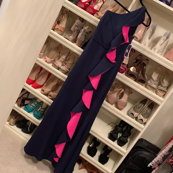 Navy & Pink One Shoulder Evening Gown - Picture 2 of 5